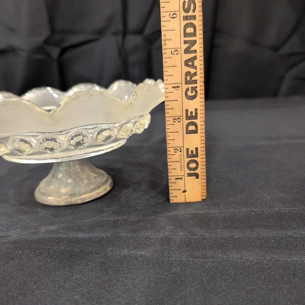 Vintage Frosted Ruffled Glass Compote Bowl Weighted Silver Tone Base - Picture 5 of 6